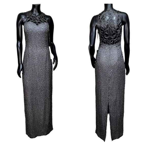 Vintage 90s Scala Womens M Grey‎ Beaded Caged Back Cutout Formal Evening Gown - Picture 1 of 14